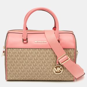 Michael Kors Tea Rose/Beige Signature Coated Canvas Medium Travel Duffle Bag, Handbags - Luxury Closet