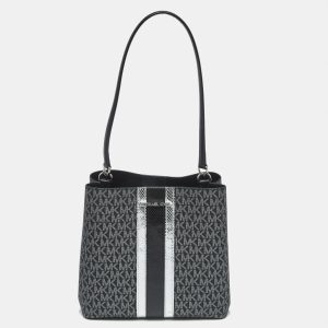 Michael Kors Black Signature Coated Canvas and Snakeskin Embossed Leather Medium Pratt Bucket Bag, Shoulder Bags - Luxury Closet catalog