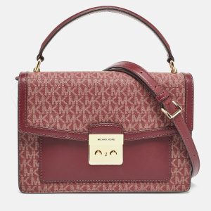 Michael Kors Burgundy Signature Coated Canvas Medium Johara Top Handle Bag, Satchels - Luxury Closet