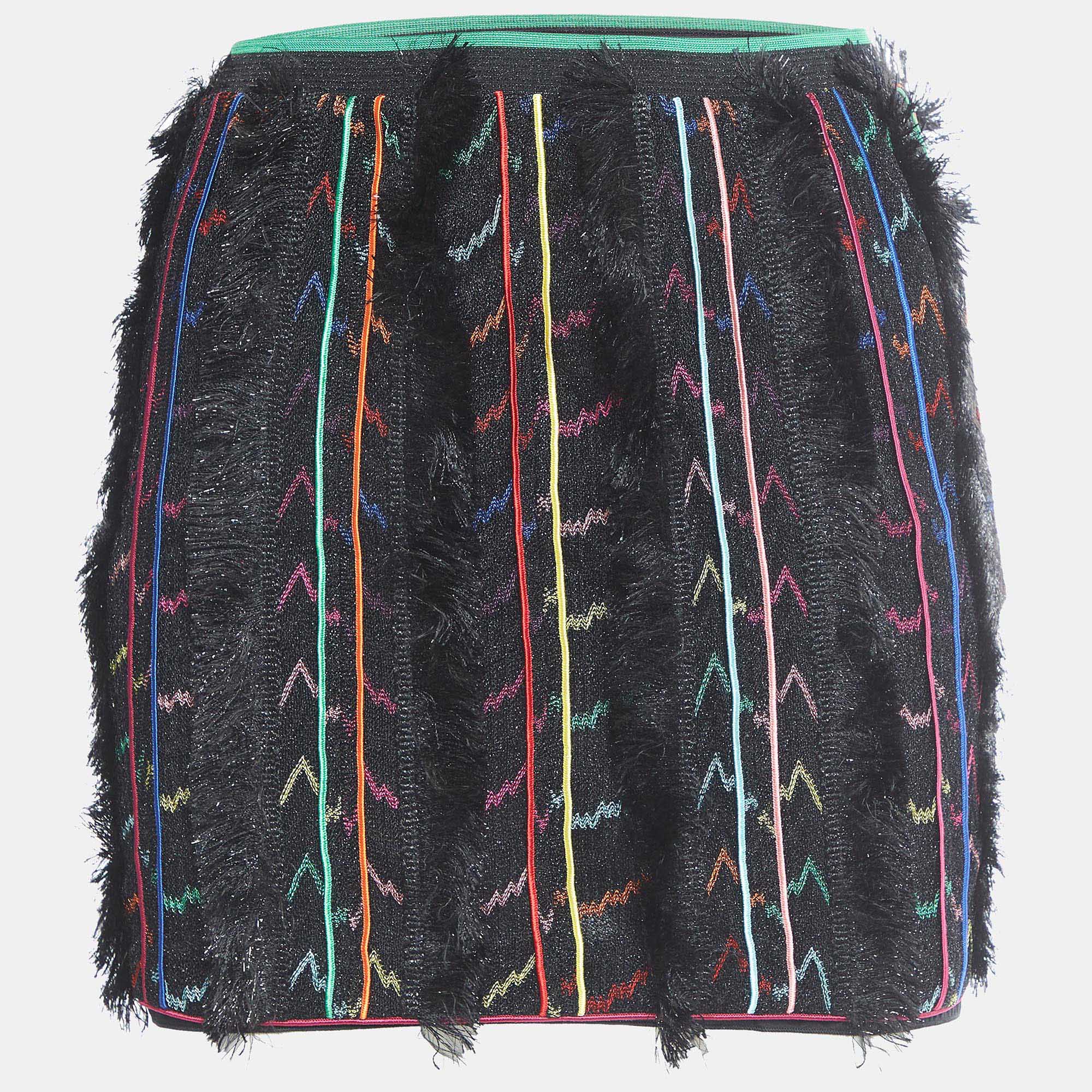 Missoni Black Stripe Lurex Knit Fringed Mini Skirt S, Skirts - Luxury Closet