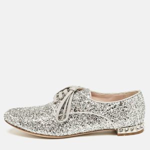 Miu Miu Silver Glitter Crystal Embellished Heels Lace Up Derby Size 36, Shoes - Luxury Closet catalog