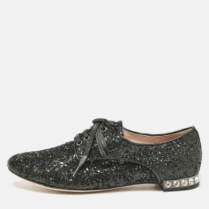 Miu Miu Black Glitter Crystal Embellished Heels Lace Up Derby Size 36, Shoes - Luxury Closet catalog