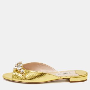 Miu Miu Gold Snakeskin Embossed Leather Bow Flat Sandals Size 36, Sandals - Luxury Closet catalog