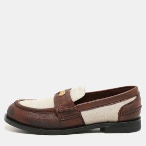 Miu Miu Beige/Brown Canvas and Leather Penny Loafers Size 37, Loafers & Slip-Ons - Luxury Closet