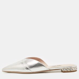 Miu Miu Metallic Silver Leather Crystal Embellished Mules Size 39, Sandals - Luxury Closet catalog
