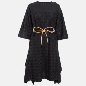 Moncler Black Broderie Anglaise Embroidered Cotton Asymmetric Midi Dress XS, Dresses - Luxury Closet catalog