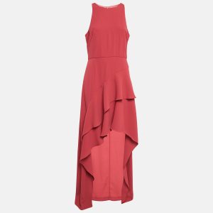 Monique Lhuillier Pink Crepe Ruffled Asymmetric Midi Dress L, Dresses - Luxury Closet