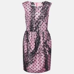 Moschino Couture Pink Printed Satin & Polka Dot Tulle Sleeveless Sheath Dress M, Dresses - Luxury Closet