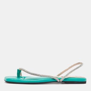 N21 Green Leather Crystal Embellished Slingback Sandals Size 38.5, Sandals - Luxury Closet