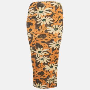 Nanushka Orange Arte Povera Floral Print Mesh Jersey Midi Skirt S, Skirts - Luxury Closet