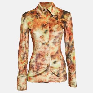 Nanushka Orange Hazy Floral Print Stretch Velvet Shirt XS, Shirts & Tops - Luxury Closet catalog
