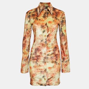 Nanushka Orange Hazy Floral Print Stretch Velvet Mini Shirt Dress S, Dresses - Luxury Closet