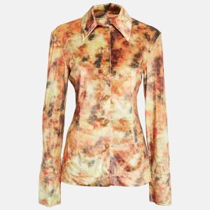 Nanushka Orange Hazy Floral Print Stretch Velvet Shirt M, Shirts & Tops - Luxury Closet