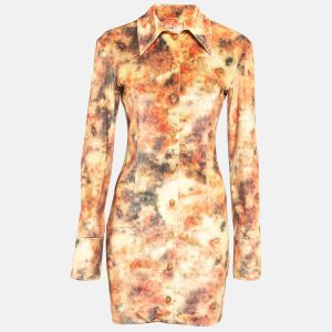 Nanushka Orange Hazy Floral Print Stretch Velvet Mini Shirt Dress L, Dresses - Luxury Closet