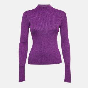 NBD Purple Lurex Rib Knit High Neck Pullover M, Sweaters & Cardigans - Luxury Closet catalog