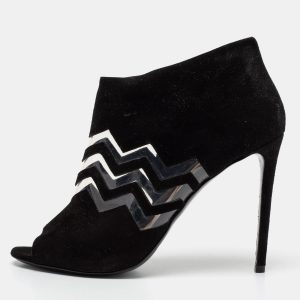 Nicholas Kirkwood Black Suede And PVC Chevron Peep Toe Ankle Booties Size 38.5, Boots - Luxury Closet catalog