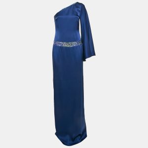 Nicole Miller Blue Sequin Embellished Satin Silk One Shoulder Cocktail Dress M, Dresses - Luxury Closet