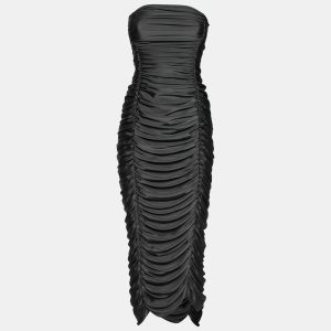 Norma Kamali Grey Stretch Knit Ruched Strapless Midi Dress L, Dresses - Luxury Closet