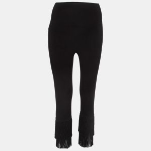 Norma Kamali Black Stretch Knit Fringed Hem Crop Leggings M, Clothing - Luxury Closet