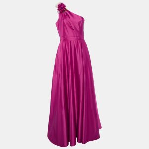 Notte By Marchesa Fuchsia Pink Duchess Satin Floral Applique One Shoulder Gown M, Dresses - Luxury Closet catalog