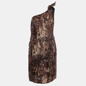 Oscar de la Renta Brown Printed Silk One Shoulder Dress M, Dresses - Luxury Closet