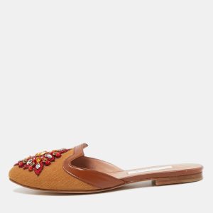 Oscar de la Renta Brown Canvas and Leather Spanish Embellished Flat Mules Size 36, Flats - Luxury Closet