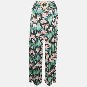 PATBO Black Floral Print Satin Belted Wide-Leg Pants S, Clothing - Luxury Closet