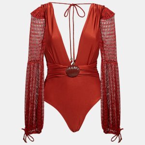 PATBO Brick Red Knit Netted Sleeve Detail Swimsuit L, Clothing - Luxury Closet