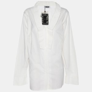 Perte by Krizia White Cotton Blend Ruffle Front Long Sleeve Shirt L, Shirts & Tops - Luxury Closet