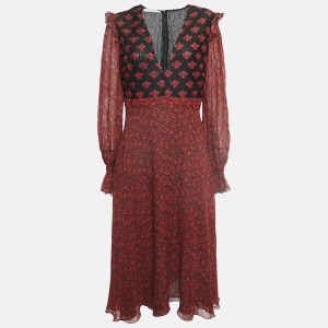 Philosophy di Lorenzo Serafini Red Printed Crepe V Neck William Morris Dress M, Dresses - Luxury Closet