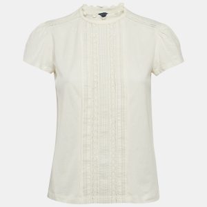 Polo Ralph Lauren Cream Lace Trim Jersey Ruffled Top S, Shirts & Tops - Luxury Closet