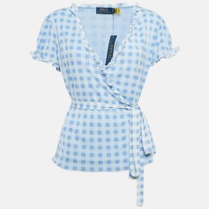 Polo Ralph Lauren Blue Checks Print Jersey Wrap-Around Ruffled Top L, Shirts & Tops - Luxury Closet catalog