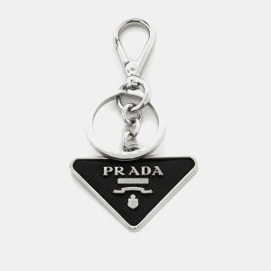 Prada Black Saffiano Leather Triangle Logo Key Chain, Luggage Accessories - Luxury Closet