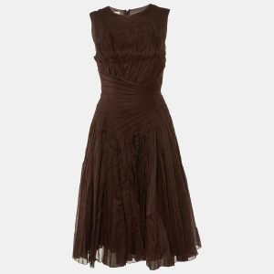 Prada Brown Cotton Pleated Detail Midi Dress S, Dresses - Luxury Closet catalog