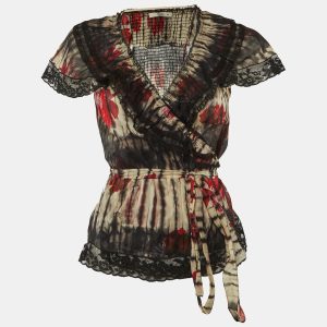 Prada Multicolor Printed Cotton Lace Trim Wrap Top L, Shirts & Tops - Luxury Closet catalog