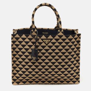 Prada Black/Beige Triangolo Symbole Embroidered Jacquard Large Tote, Tote Handbags - Luxury Closet catalog