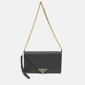 Prada Black Saffiano Triang Leather Envelope Chain Clutch, Clutches & Special Occasion Bags - Luxury Closet catalog