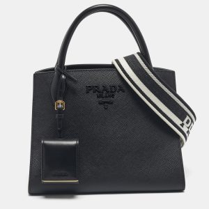 Prada Black Saffiano Cuir Leather Small Monochrome Tote, Tote Handbags - Luxury Closet