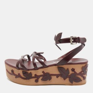 Prada Burgundy  Leather Wedge Ankle Strap Sandals Size 37.5, Sandals - Luxury Closet catalog