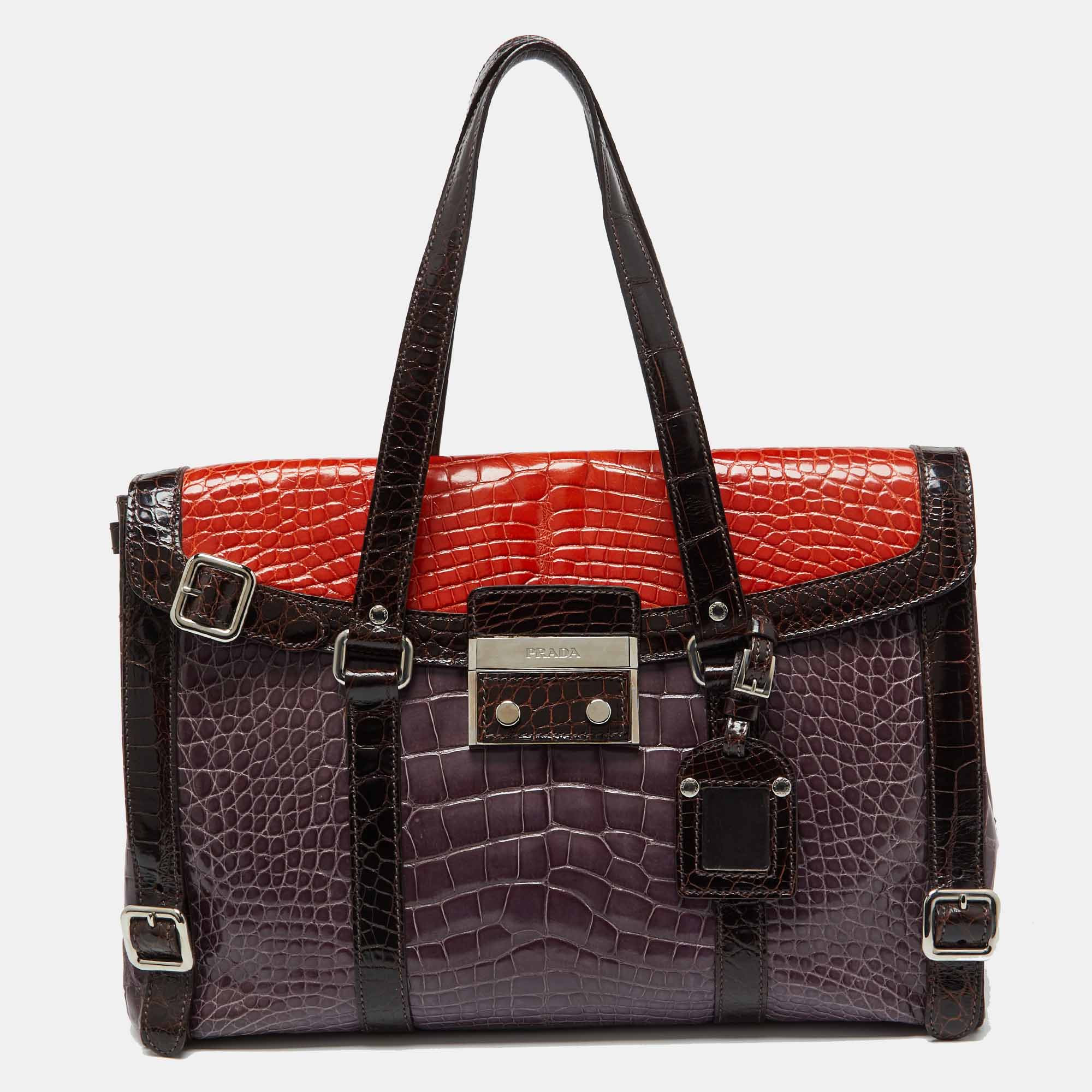 Prada Multicolor Crocodile Leather Lucido Lock Bag, Shoulder Bags - Luxury Closet catalog