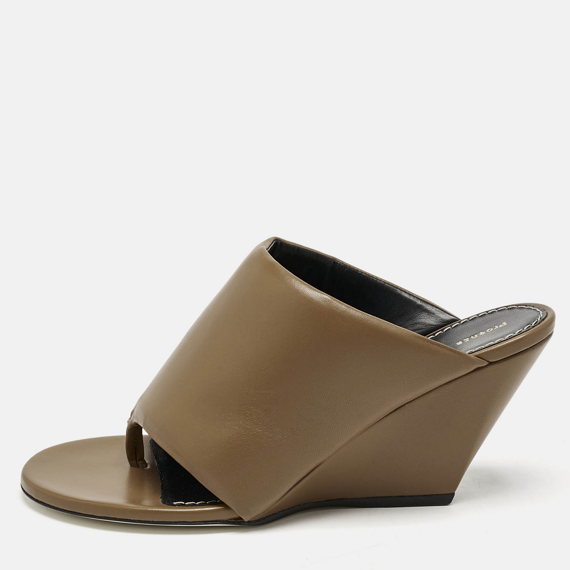 Proenza Schouler Brown Leather Slant Wedge Tong Sandals Size 37.5, Sandals - Luxury Closet