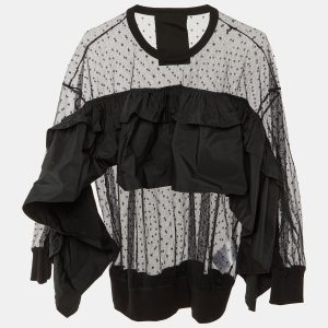 RED Valentino Black Pointelle Tulle & Taffeta Ruffled Top XS, Shirts & Tops - Luxury Closet