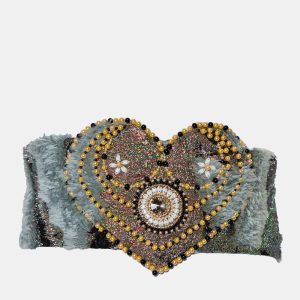 Reem Acra Multicolor Lurex Jacquard & Faux Fur Beaded Heart Detail Waist Belt M, Belt Buckles - Luxury Closet