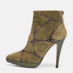 Ren&eacute; Caovilla Green Suede Ankle Length Boots Size 39, Boots - Luxury Closet