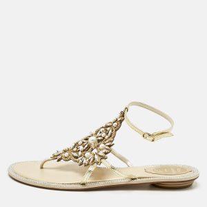 Ren&eacute; Caovilla Gold Karung Leather Crystal Embellished Flat Sandals Size 39, Sandals - Luxury Closet catalog