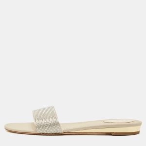 Ren&eacute; Caovilla Light Gold Satin Crystals Embellished Flat Slides Size 41, Flats - Luxury Closet
