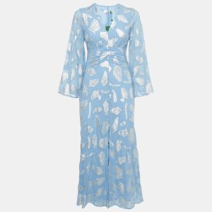 Rixo Simone Blue Lurex Brocade Crepe V-Neck Long Dress XXS, Dresses - Luxury Closet