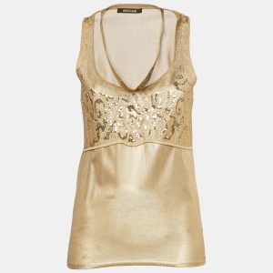 Roberto Cavalli Gold Knit Sequin Embellished Sleeveless Top M, Shirts & Tops - Luxury Closet catalog