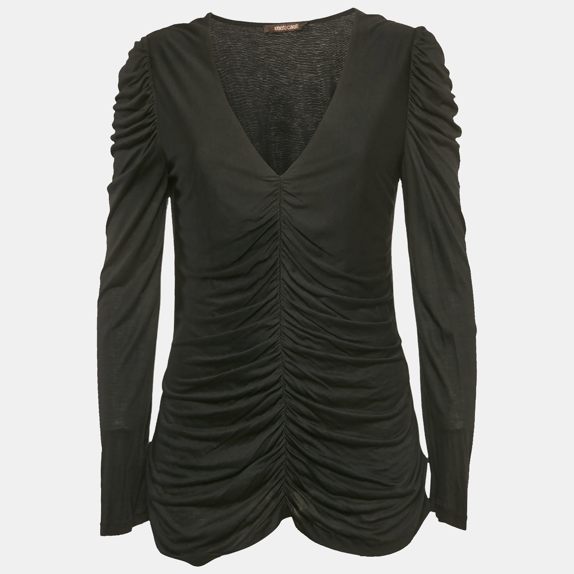 Roberto Cavalli Black Ruched Jersey Top L, Shirts & Tops - Luxury Closet