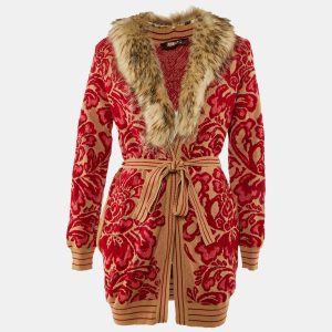 Roberto Cavalli Beige/Red Floral Jacquard Knit Detachable Fur Collar Cardigan M, Sweaters & Cardigans - Luxury Closet catalog